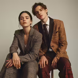 two young people sitting next to each other wearing business clothes