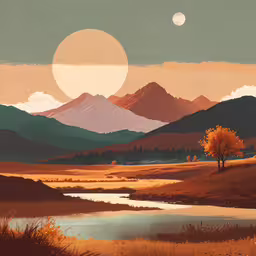 a large painting of mountains in the background,a mountain landscape shows the full moon over the mountains