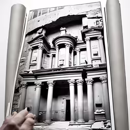 someone holding up an old building in the air