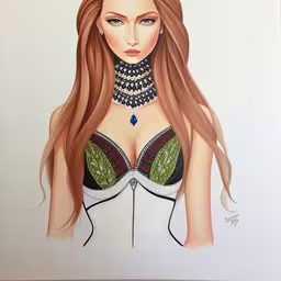 a drawing of a woman with some necklaces,a drawing of a woman wearing a bra top,a portrait of a woman with a large cleavage,a drawing of a girl with large breasts,a drawing of a girl with red hair