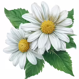 two white daisies are on green leaves