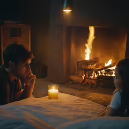a girl and man sitting together looking at a candle