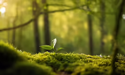 the small leaf is growing out of the moss