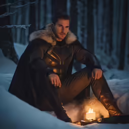 a man in a medieval costume sits outside by an lit candle
