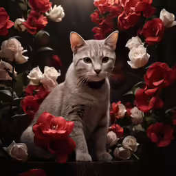 a grey cat is surrounded by flowers