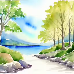 a picture of the river from a book,a painting of trees on a grassy hill near a water body,watercolor sketch with grass, rocks, trees, and a body of water in the background,painting the view from a small shore on a bright day,a painting of trees and water with a hill in the background
