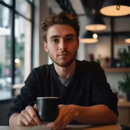 a man in a restaurant holding a coffee mug