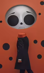 the woman wearing a black coat is standing in front of a painted orange background