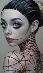 a woman with hair pinned up to the back with wires attached to her face