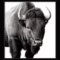 the large buffalo stands in the frame in front of white background