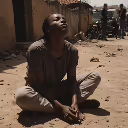 a woman sitting down while watching something off in the distance