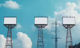 three billboards near each other in front of a cloudy blue sky