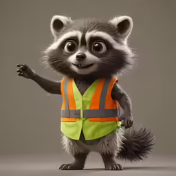 a cute raccoon dressed in a safety vest with his hand up