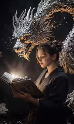 a woman reading a book in front of a monster statue