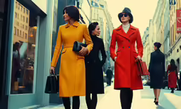 three women walking down the street, all wearing bright colored coats