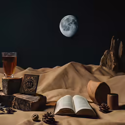 an open book on sand with the moon and stardust behind it