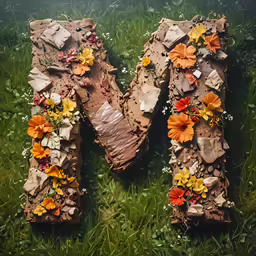 a broken up letter that has flowers on it
