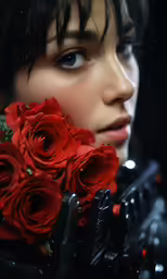 a woman is holding a bunch of red flowers