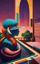 the artist is painting the surreal artwork of a woman,a woman in a large hat and scarf sitting on a giant blue object