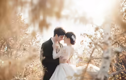 a couple is posing for a wedding photo in the brush