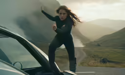 the woman in black suit stands next to a car