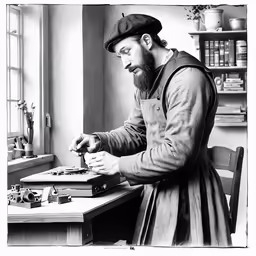 a man in an apron looks at a typewriter