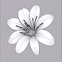 a white flower that is drawn with a black frame,a flower with long petals in black and white