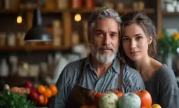 the man and woman stand together in front of the fruit