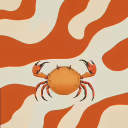 a red crab on a white, orange and beige background