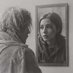 a woman looks at her reflection in a mirror while a man stands behind her