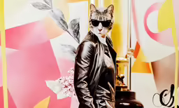 a cat wearing sunglasses standing in front of an artistic mural