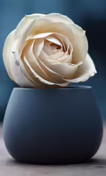 a white rose in a black pot on the table
