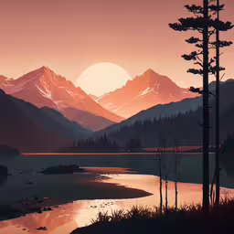 a landscape image, showing mountains, trees, and a lake in the foreground,a large mountain with many trees around it and the sun setting over a lake