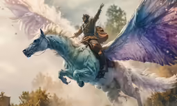 a person riding a white horse with purple wings
