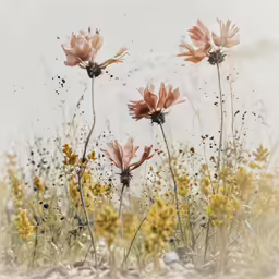 three pink flowers are in the grass by some flowers