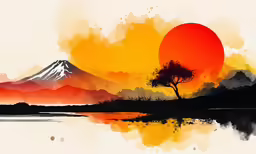 painting by water with the sun setting on top of a mountain