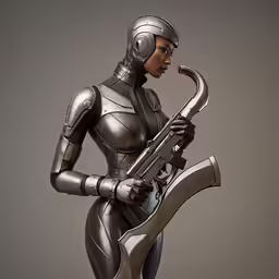 a woman wearing a futuristic outfit holding a rifle