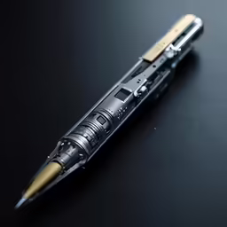 a pen made out of silver, gold and black metal