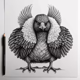 a black and white drawing of a parrot with its wings out