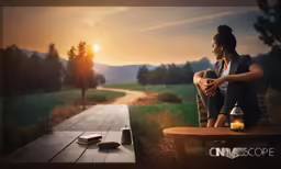 woman sitting on bench looking out at countryside at sunset