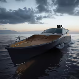 a boat floating on the water at dusk