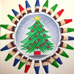 a drawing of christmas tree on a globe,a drawing of a decorated christmas tree and many colored pencils,the drawing is of a christmas tree with colorful crayons,a drawing of a green christmas tree with red, blue and green pencils,a christmas tree in a snow ball surrounded by colored pencils