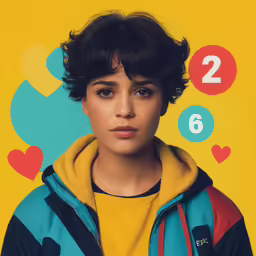 a young woman with curly hair and blue jacket on