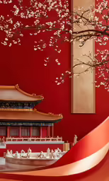 red wall with a white and pink flowered tree