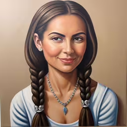 a painting of a woman wearing a necklace,a portrait painting of a woman with long braids