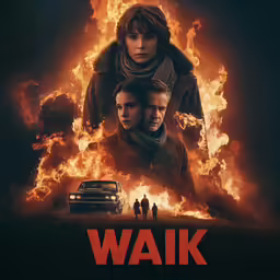 a poster with a woman on her shoulder as fire billows behind her