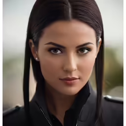 a woman with long dark hair in black dress shirt and button up collar