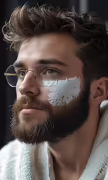 man with beard and eye cream on white towel
