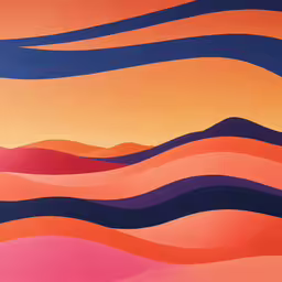 a colorful painting with blue, orange and pink lines,the wave is coming toward a bright orange sky