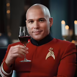 a man in a star trek uniform holds up a glass of wine